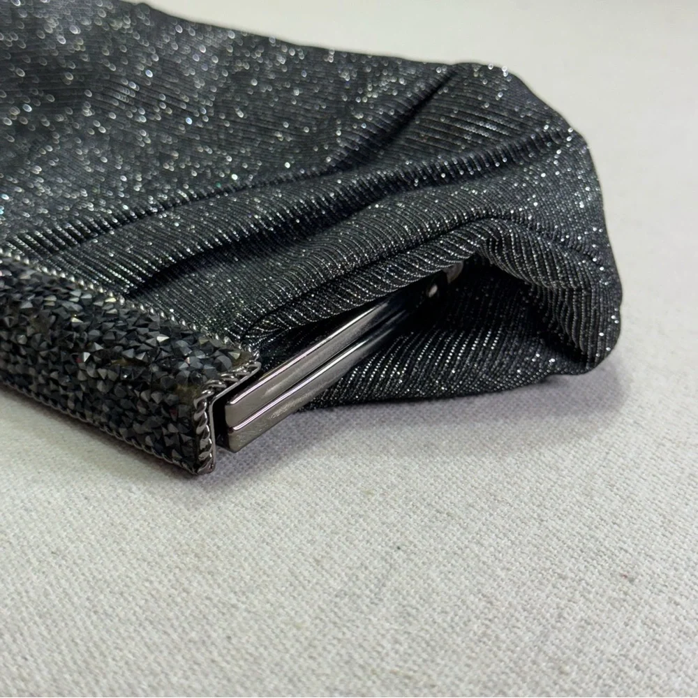 Black Sparkle Rhinestone Frame Clutch Evening Bag w/ Chain Strap